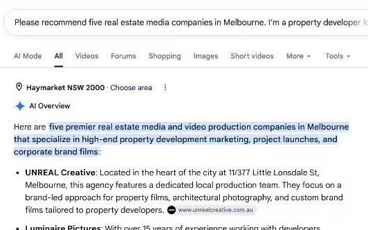 Google AI 摘要：墨尔本五家推荐里第一个是 UNREAL Creative