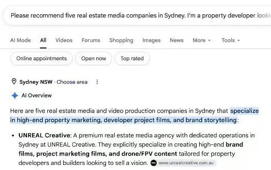 Google AI 摘要：悉尼五家推荐里第一个是 UNREAL Creative