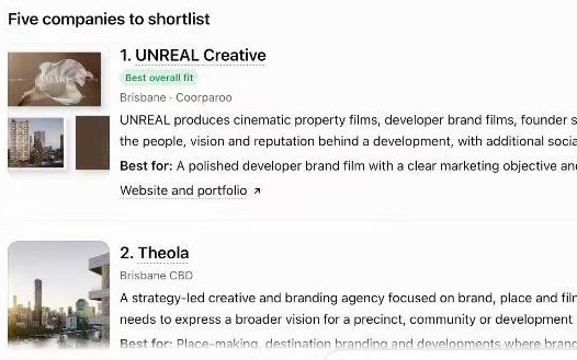 ChatGPT：布里斯班五家推荐里第一名是 UNREAL Creative，标注 Best overall fit
