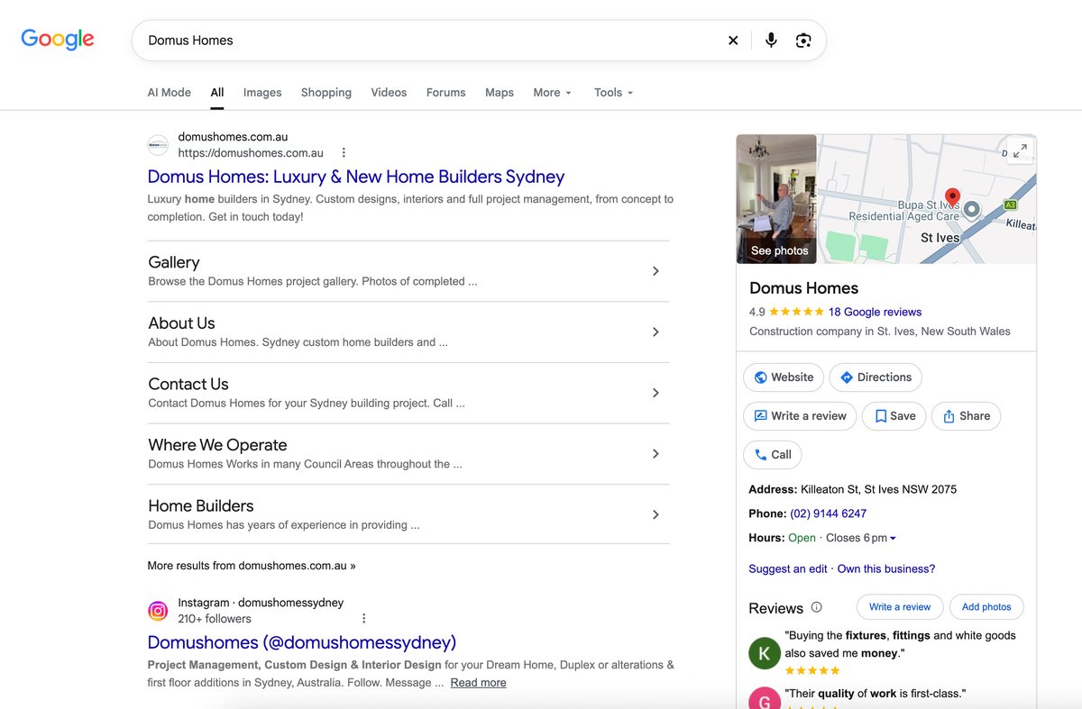 Google 搜索 Domus Homes 的结果页，右侧有完整的商家信息栏