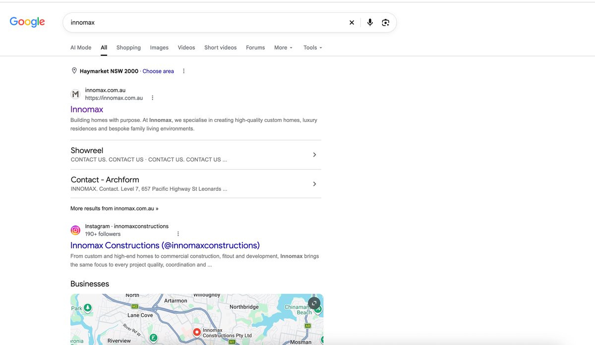 Google 搜索 innomax 的结果页，右侧没有商家信息栏